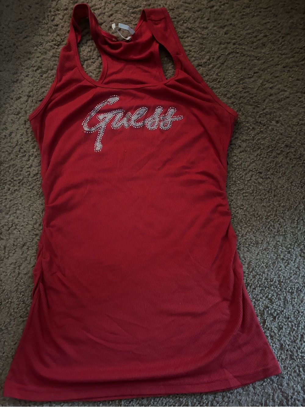 GUESS Red Rhinestone Script Racerback Tank